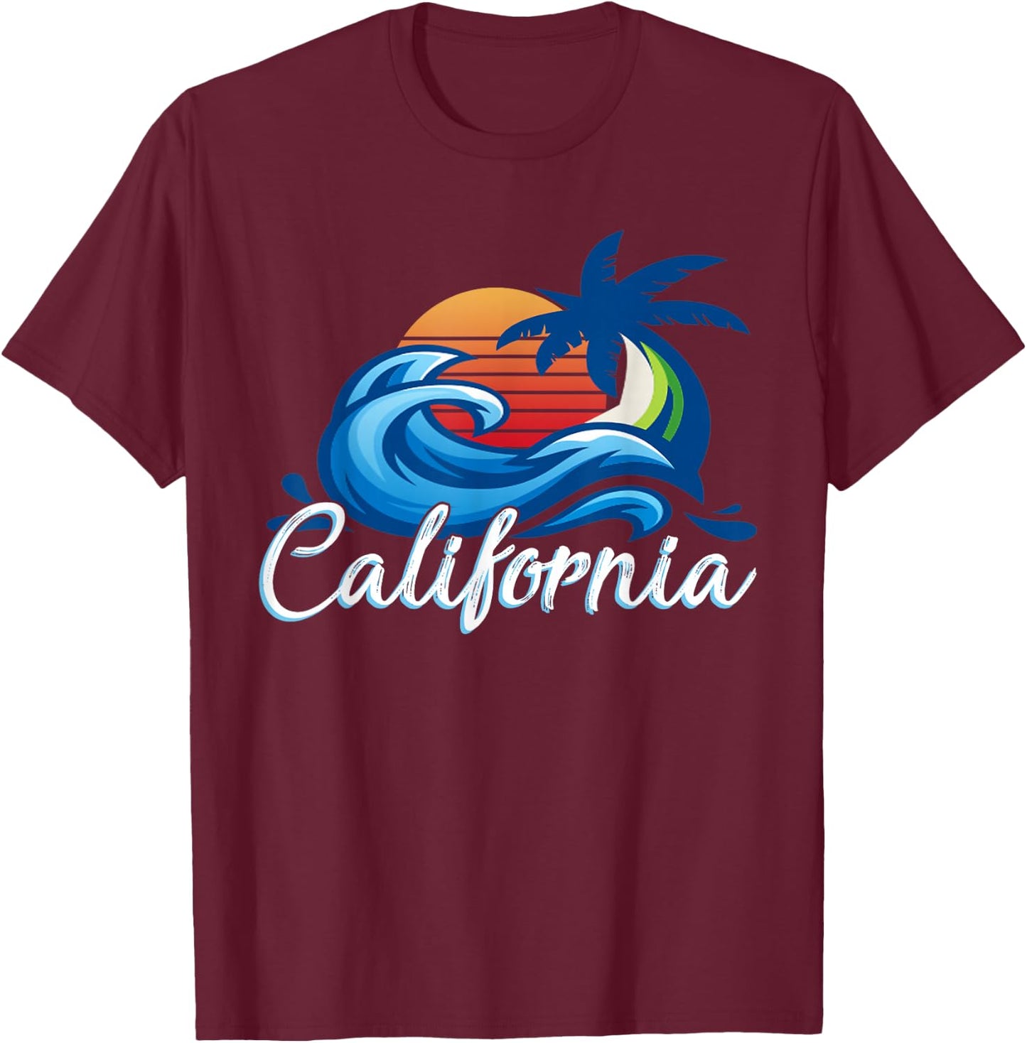 Tropical Sunset Cali Beach Waves Surfing USA California T-Shirt - T-Shirt | Maroon