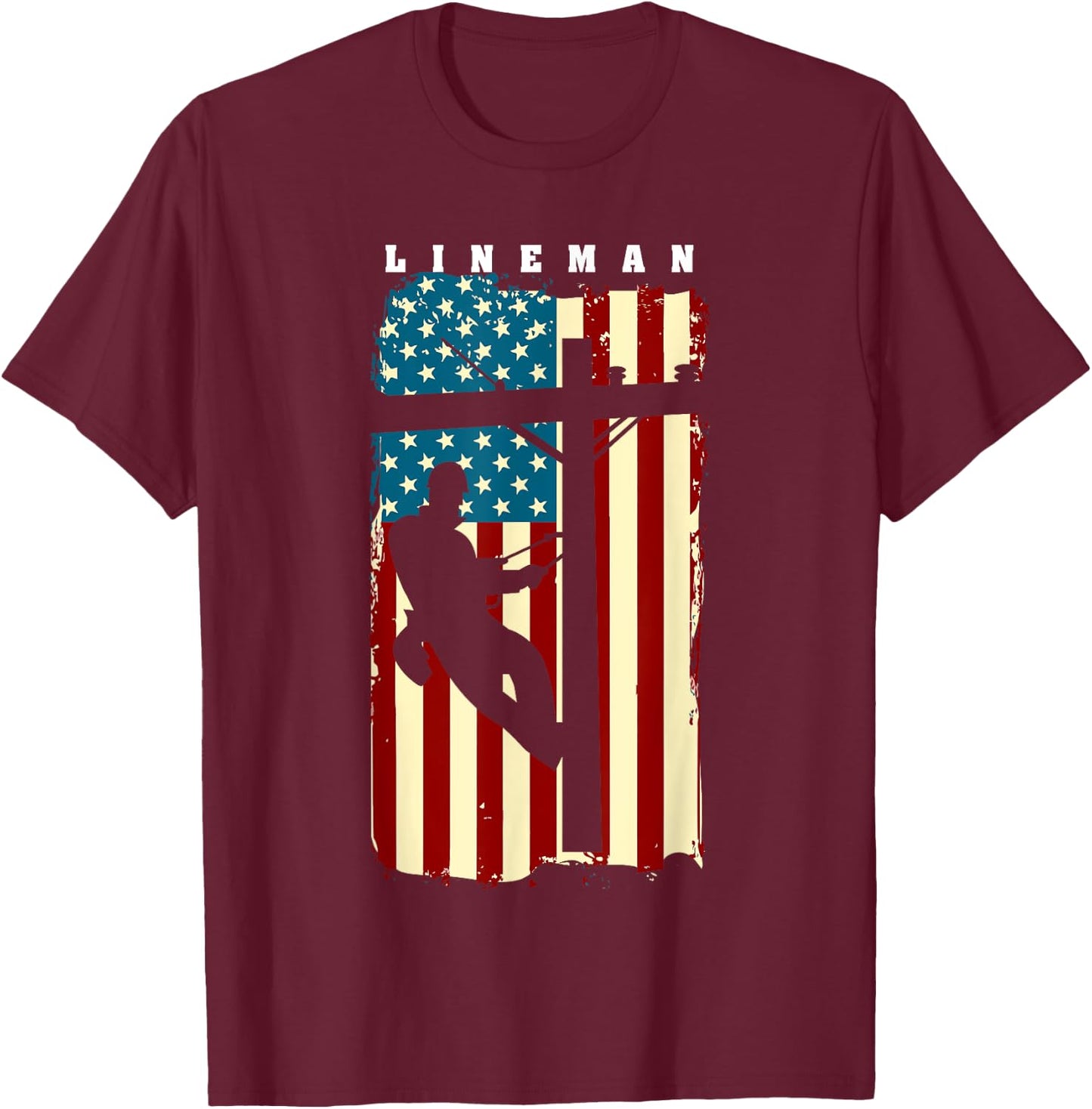 Lineman American Flag | Electric Cable Lineman Gift T-Shirt - T-Shirt | Maroon
