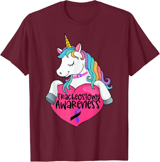 Tracheostomy Awareness Trach Heart Unicorn T-Shirt - T-Shirt | Maroon