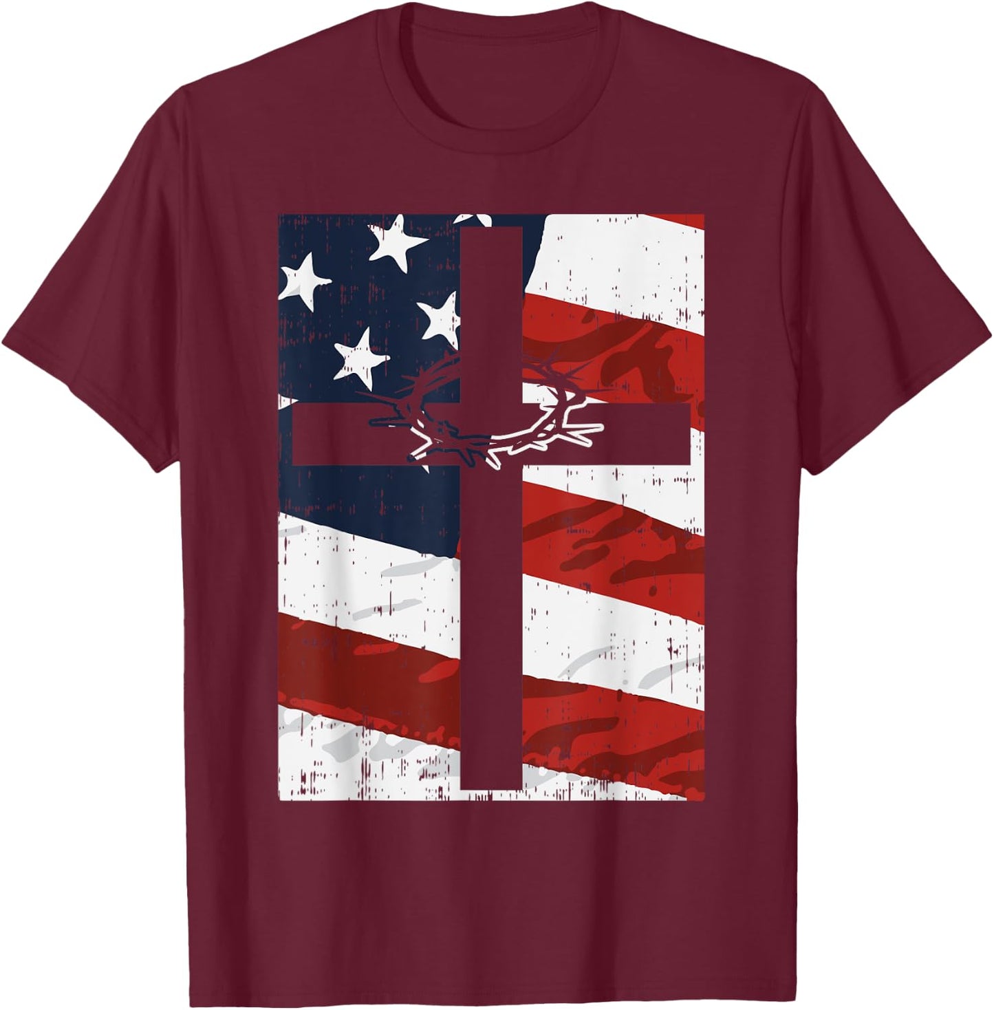 Cross American Flag Thorn God Jesus Faith Christian Gift T-Shirt - T-Shirt | Maroon