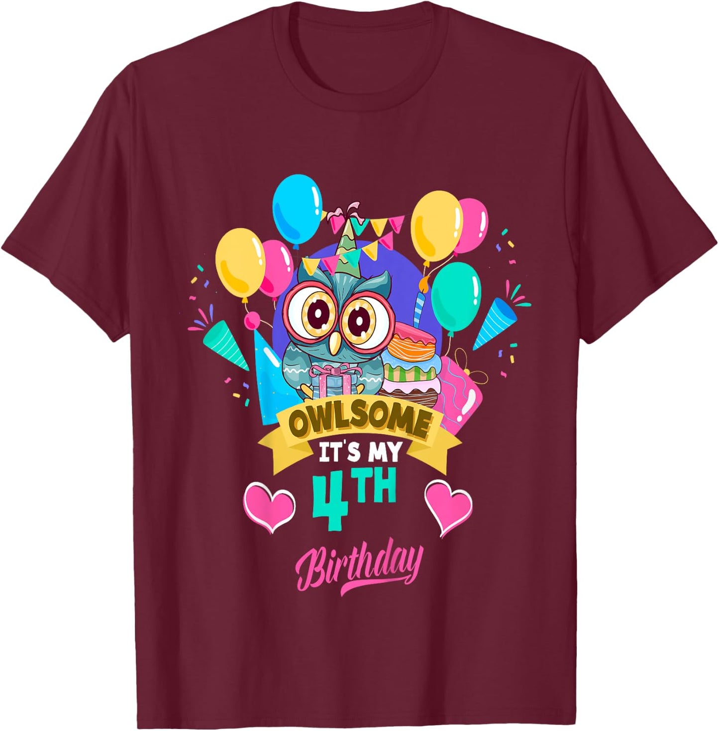 Four Year Old Birthday Owlsome It's My 4th Birthday Owl T-Shirt - T-Shirt | Maroon