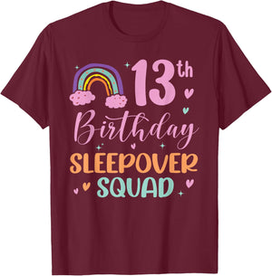 13th Birthday Rainbow Sleepover Squad Pajamas Slumber Girls T-Shirt - T-Shirt | Maroon