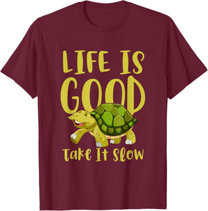 Life Is Good, Take It Slow Slogan Turtle In Comic Style T-Shirt - T-Shirt | Maroon