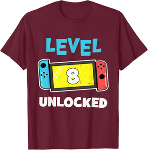 Level 8 unlocked Gamer 8th Birthday Video Game lovers T-Shirt - T-Shirt | Maroon