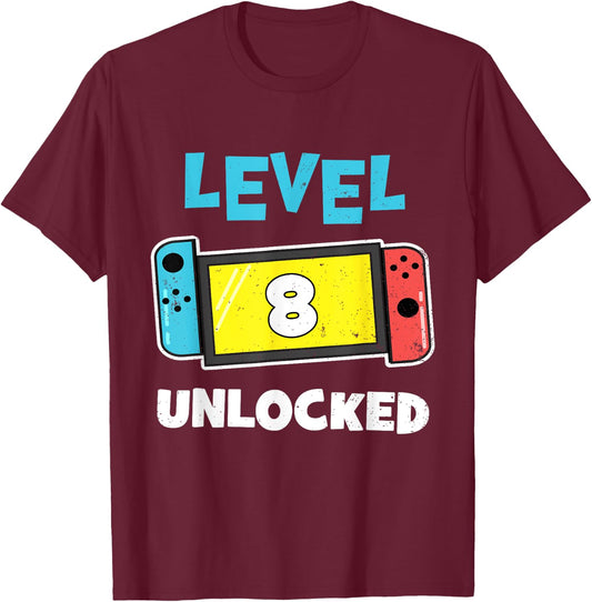 Level 8 unlocked Gamer 8th Birthday Video Game lovers T-Shirt - T-Shirt | Maroon