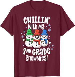 Chillin With My Snowmies Shirt 2nd Grade Teacher Christmas Women Kids T-Shirt - T-Shirt | Maroon