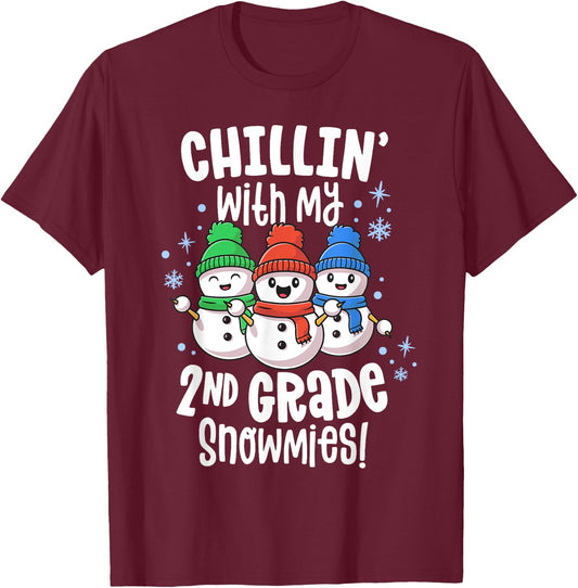 Chillin With My Snowmies Shirt 2nd Grade Teacher Christmas Women Kids T-Shirt - T-Shirt | Maroon