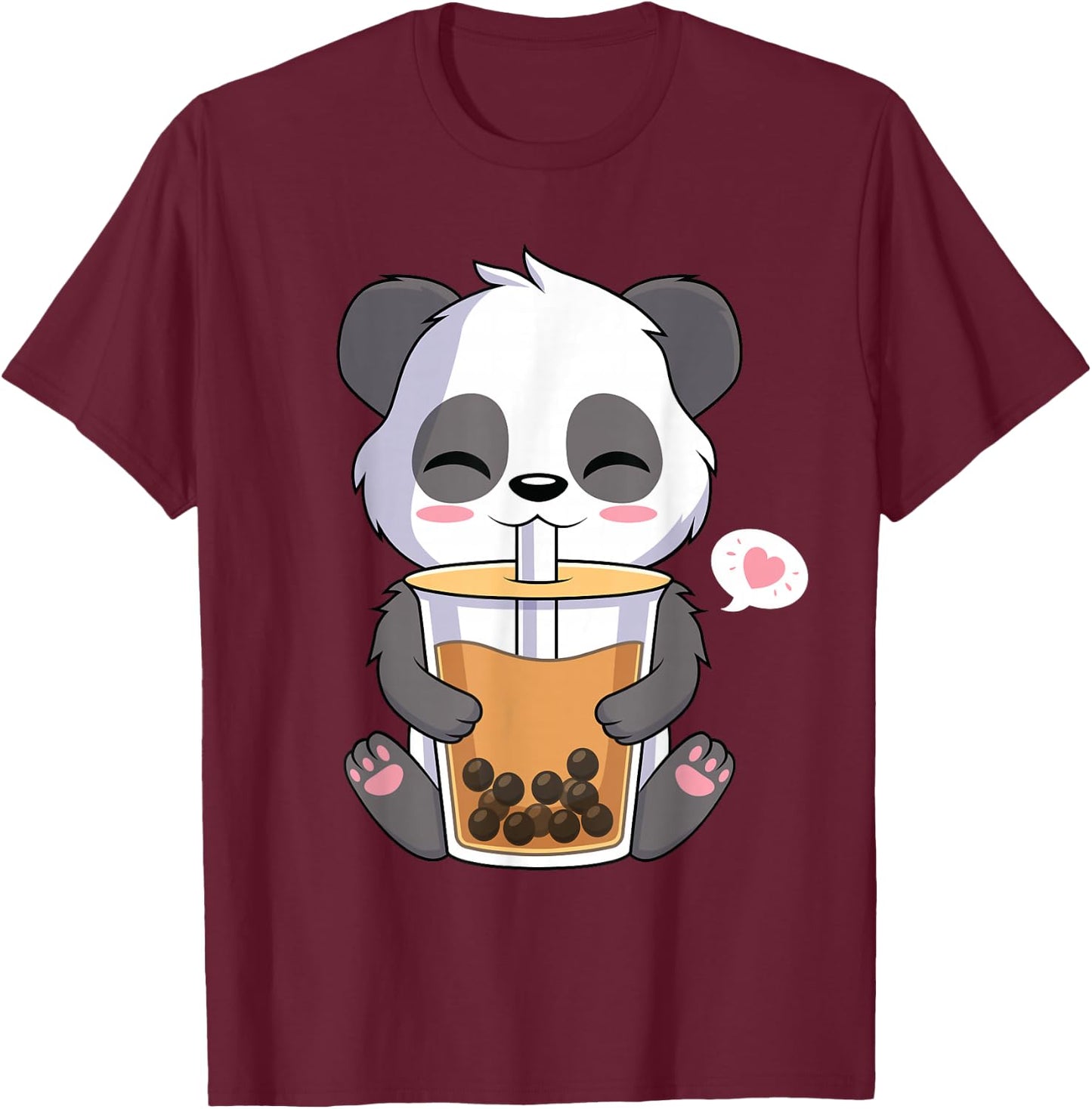 Kawaii Anime Panda Drinking Boba Bubble Tea T-Shirt - T-Shirt | Maroon