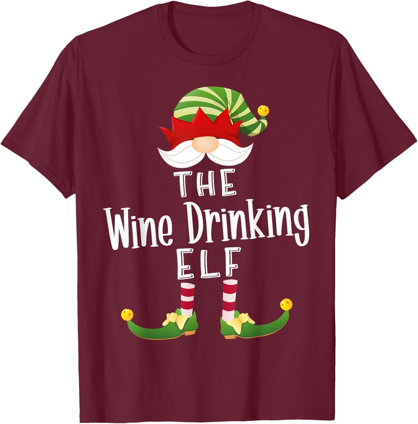Wine Drinking Elf Group Christmas Funny Pajama Party T-Shirt - T-Shirt | Maroon