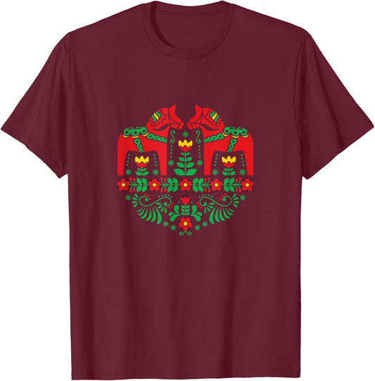 Swedish Dala Horse Folk Art T-Shirt - T-Shirt | Maroon