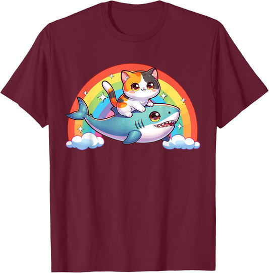 Cat Riding Shark, Kawaii Magical Calico Cat, Cat On Shark T-Shirt - T-Shirt | Maroon