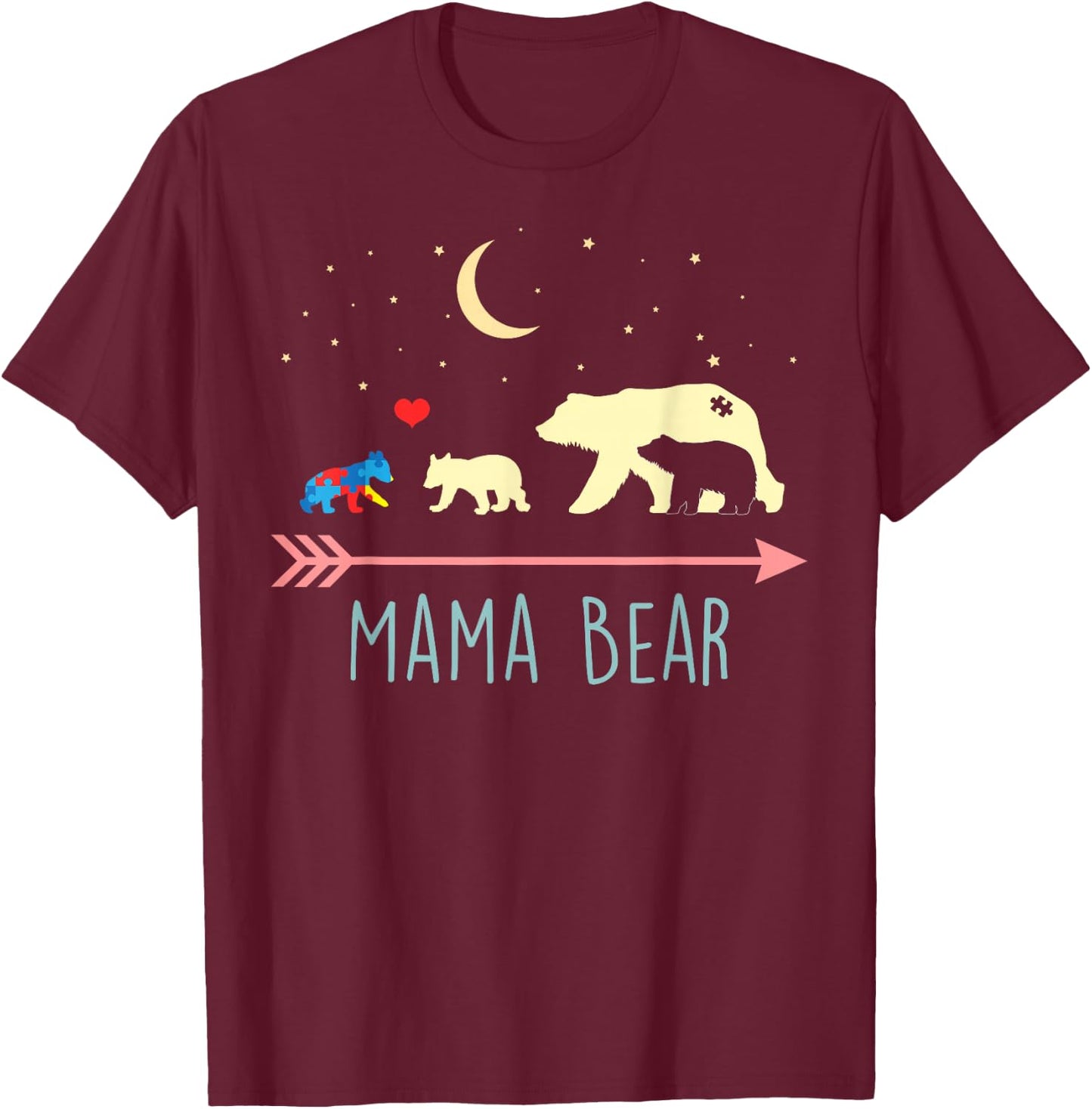 Autism Awareness Mama Bear with 3 Cubs T-Shirt - T-Shirt | Maroon