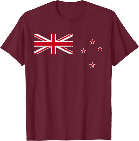Vintage Retro Distressed New Zealand Union Jack Stars Flag T-Shirt - T-Shirt | Maroon