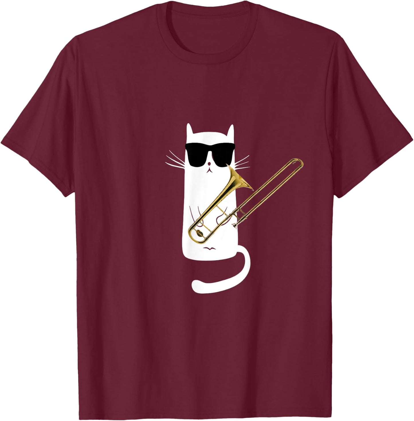 Funny Cat Wearing Sunglasses Playing Trombone Small T-Shirt - T-Shirt | Maroon