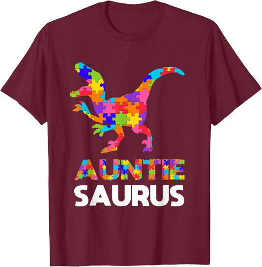 Auntie Saurus Autism Awareness Autistic Autism Aunt Gift T-Shirt - T-Shirt | Maroon