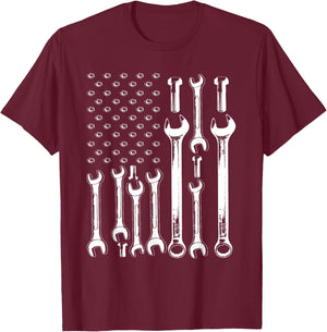 American Flag Mechanic Patriotic Funny Auto Wrench Men Gifts T-Shirt - T-Shirt | Maroon