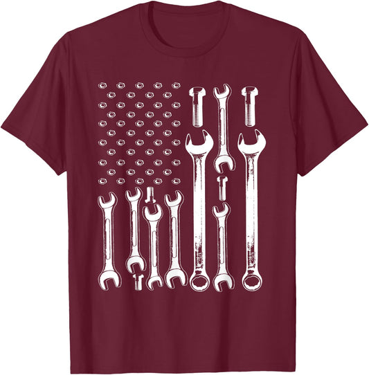 American Flag Mechanic Patriotic Funny Auto Wrench Men Gifts T-Shirt - T-Shirt | Maroon