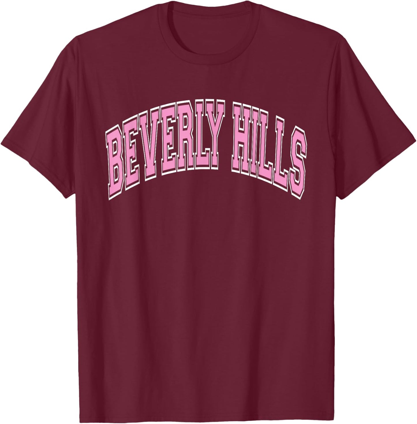 Beverly Hills Arched Pink Text T-Shirt - T-Shirt | Maroon