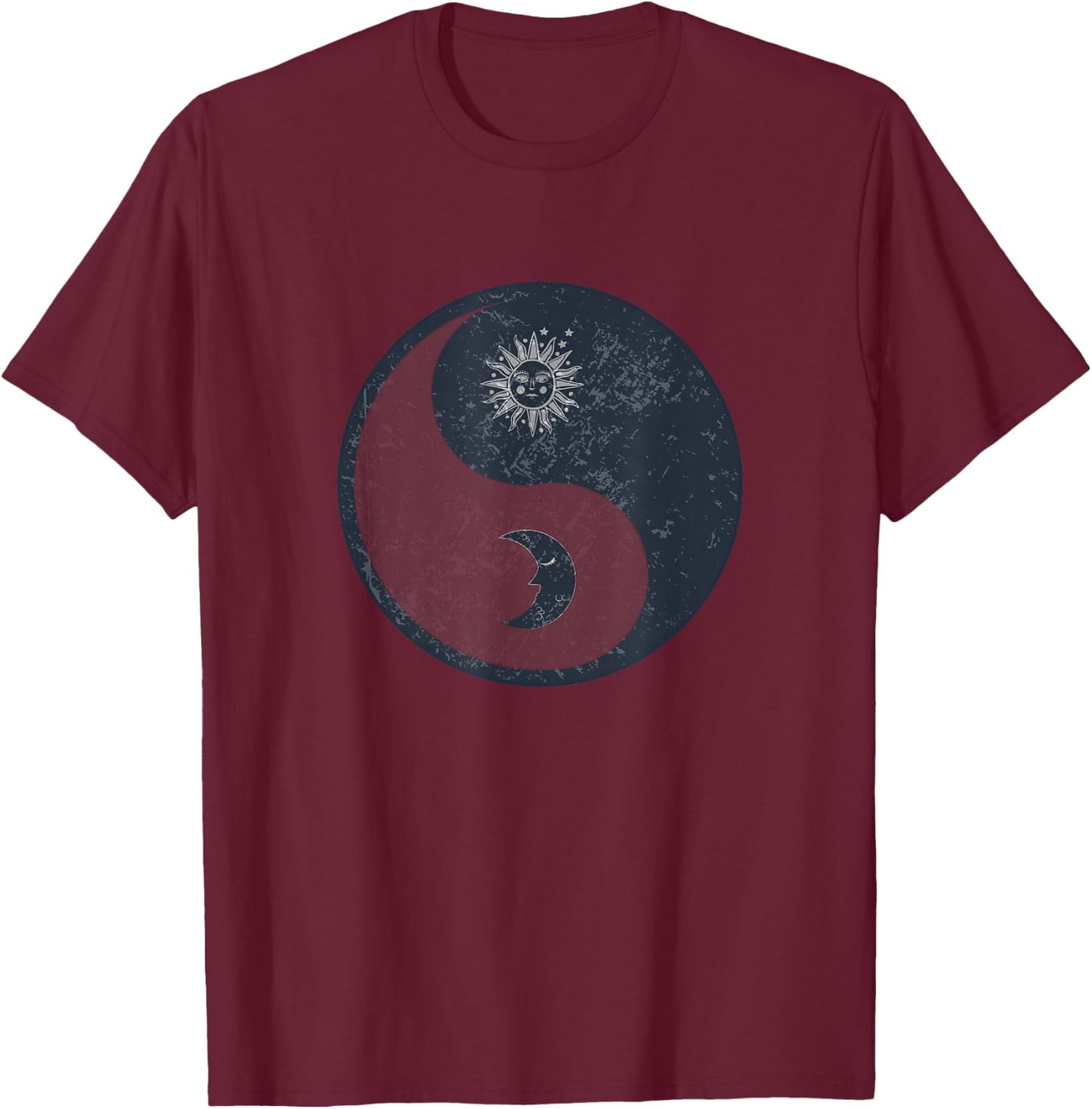 Meditation Yin Yang Sun Moon Distressed T-Shirt - T-Shirt | Maroon