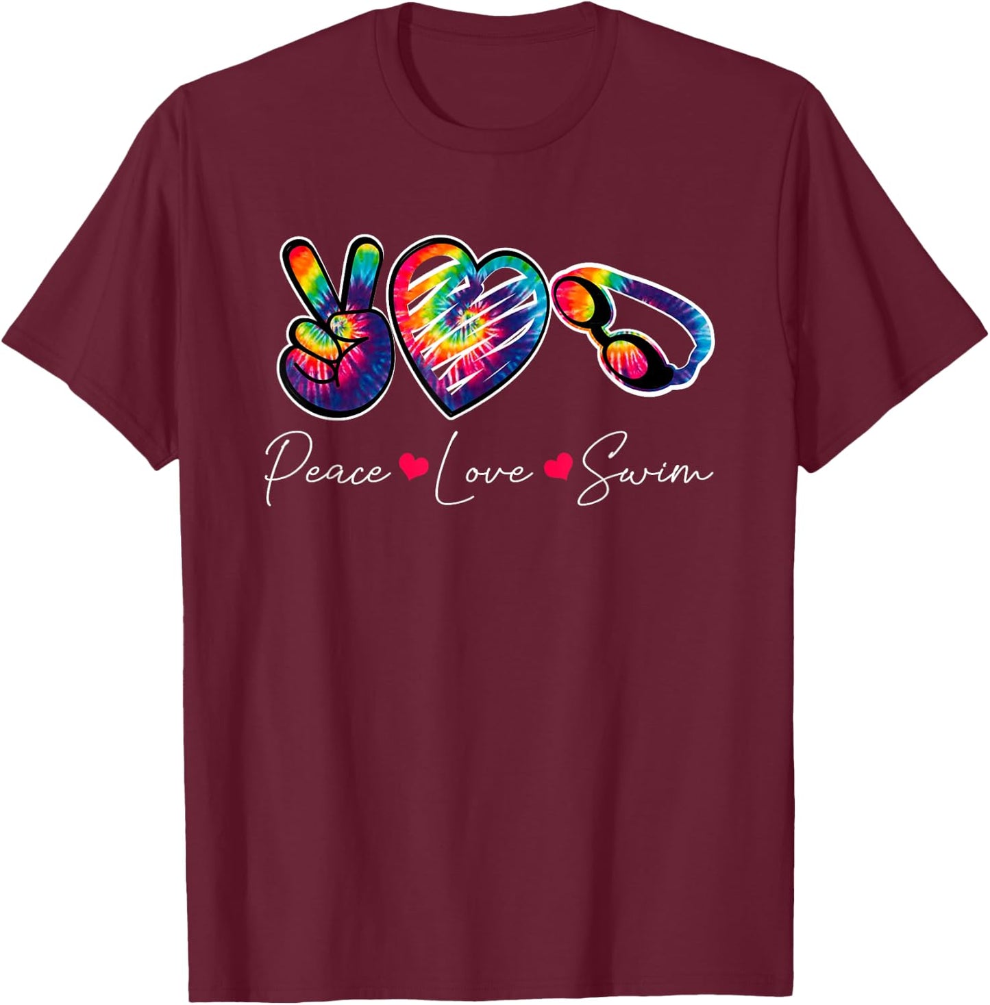 Peace Love Swim | Swimming Lovers T-Shirt - T-Shirt | Maroon