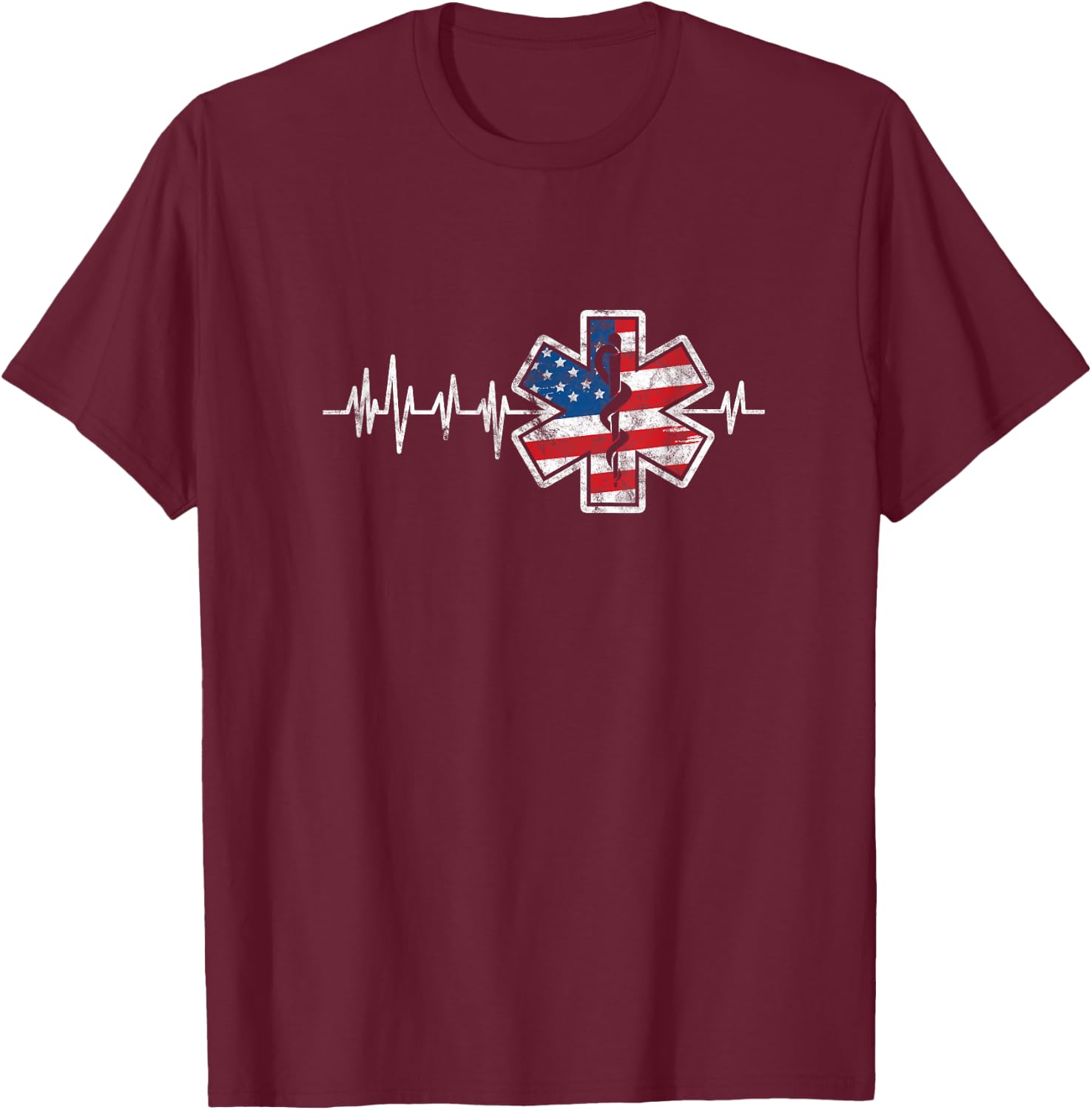 EMS Emergency Medical Service USA Flag Heartbeat 4th of July T-Shirt - T-Shirt | Maroon