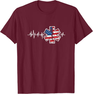 EMS Emergency Medical Service USA Flag Heartbeat 4th of July T-Shirt - T-Shirt | Maroon