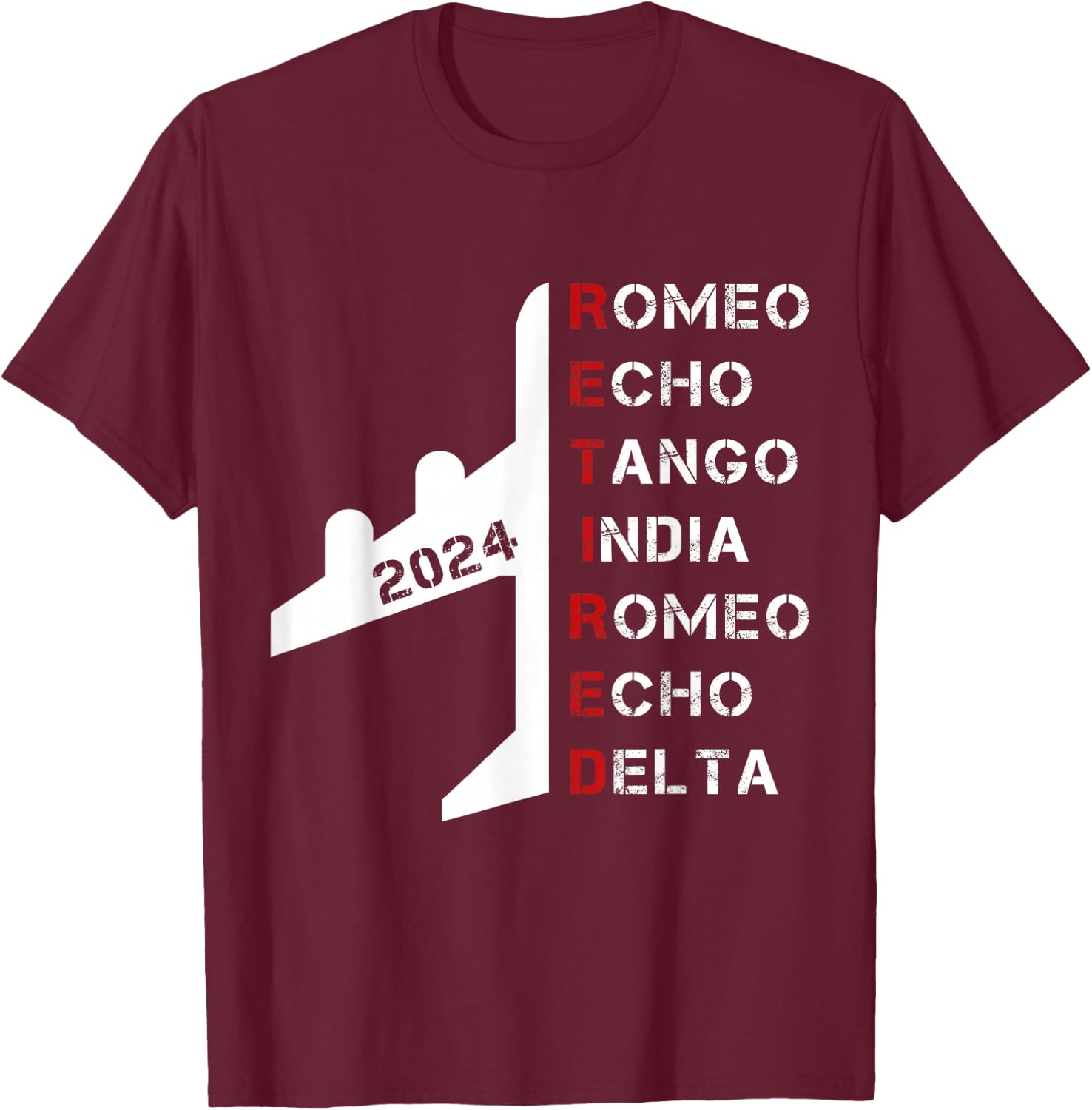 Retired Pilot 2024 Phonetic Alphabet Retirement Gift T-Shirt - T-Shirt | Maroon