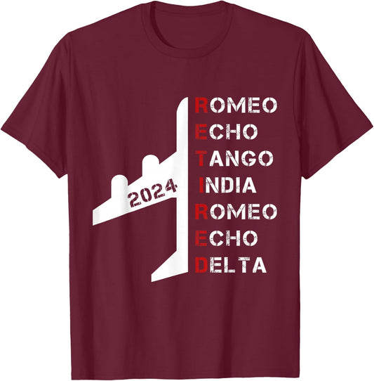 Retired Pilot 2024 Phonetic Alphabet Retirement Gift T-Shirt - T-Shirt | Maroon