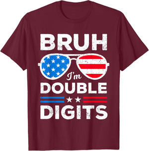 Bruh I'm Double Digits USA Flag Boys Patriotic 10th Birthday T-Shirt - T-Shirt | Maroon