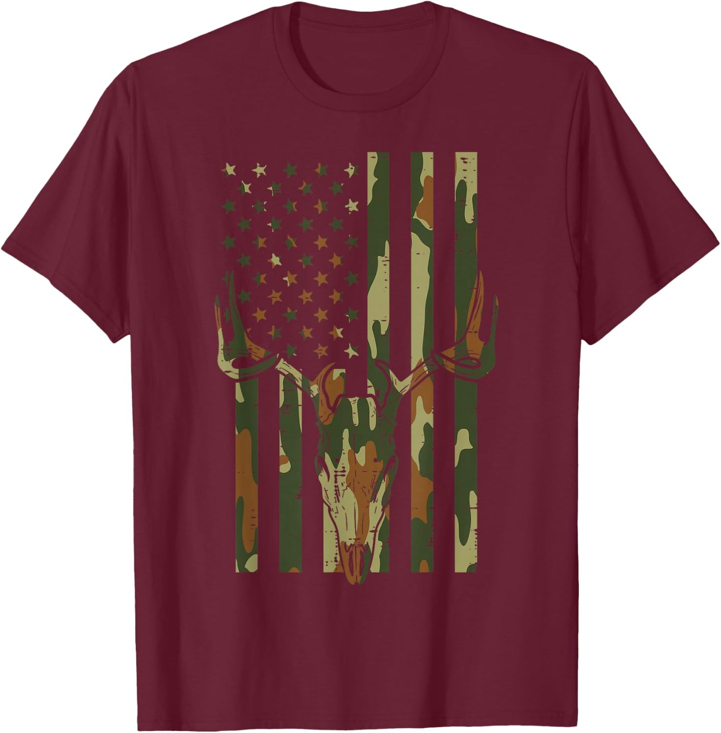 Camo US Flag Deer Skull Vintage Hunting Patriotic Hunt Dad T-Shirt - T-Shirt | Maroon