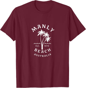 Retro Manly Beach Original Australia Graphic Design Novelty T-Shirt - T-Shirt | Maroon