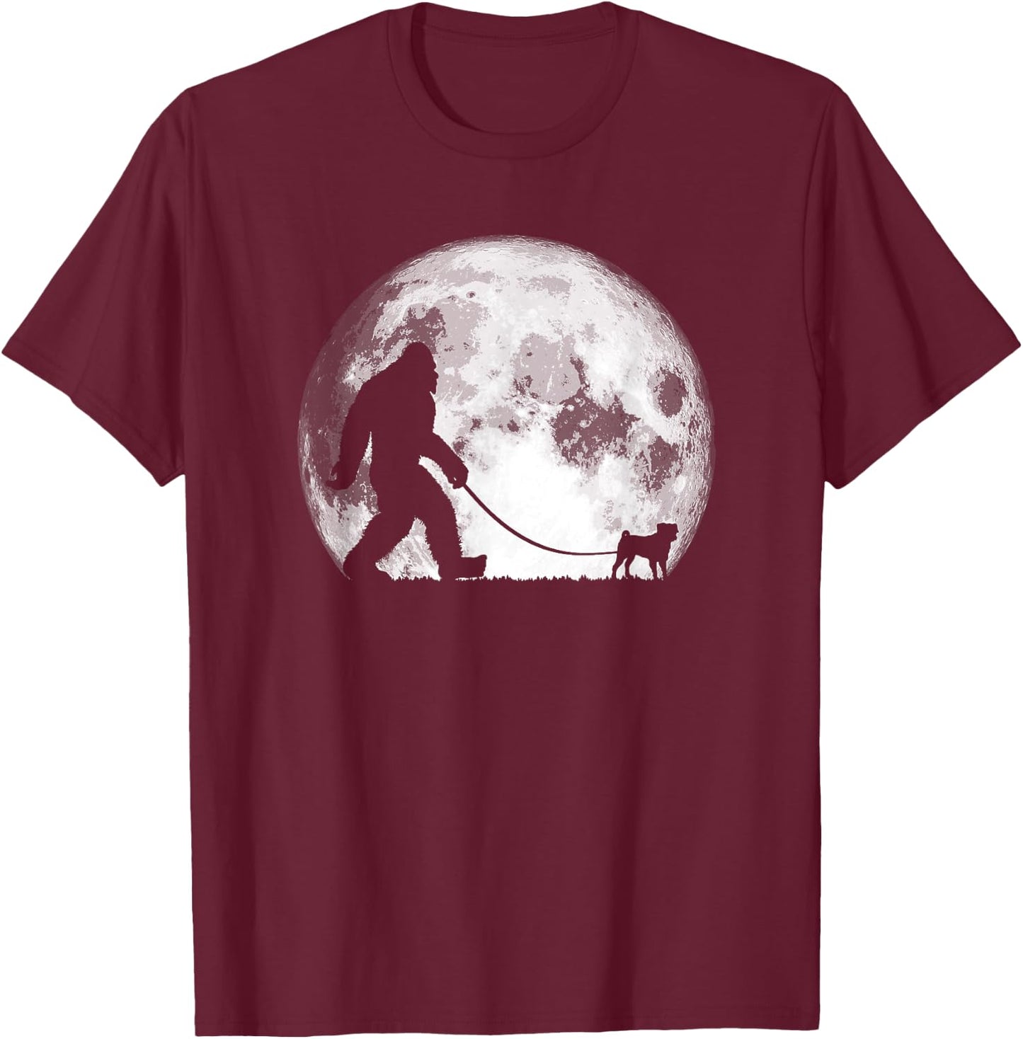 Bigfoot & Pug Funny Night Time Dog Walking Graphic T-Shirt - T-Shirt | Maroon