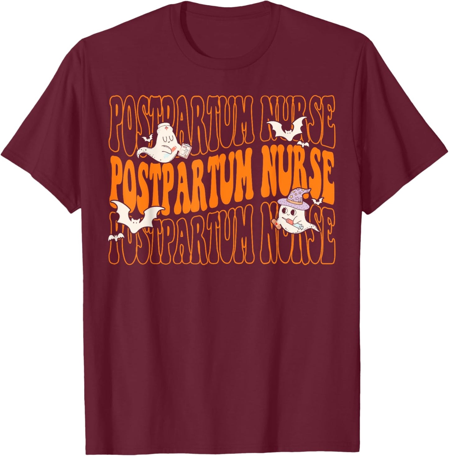 Postpartum Nurse Boo Crew Halloween Mother Baby Nurse T-Shirt - T-Shirt | Maroon