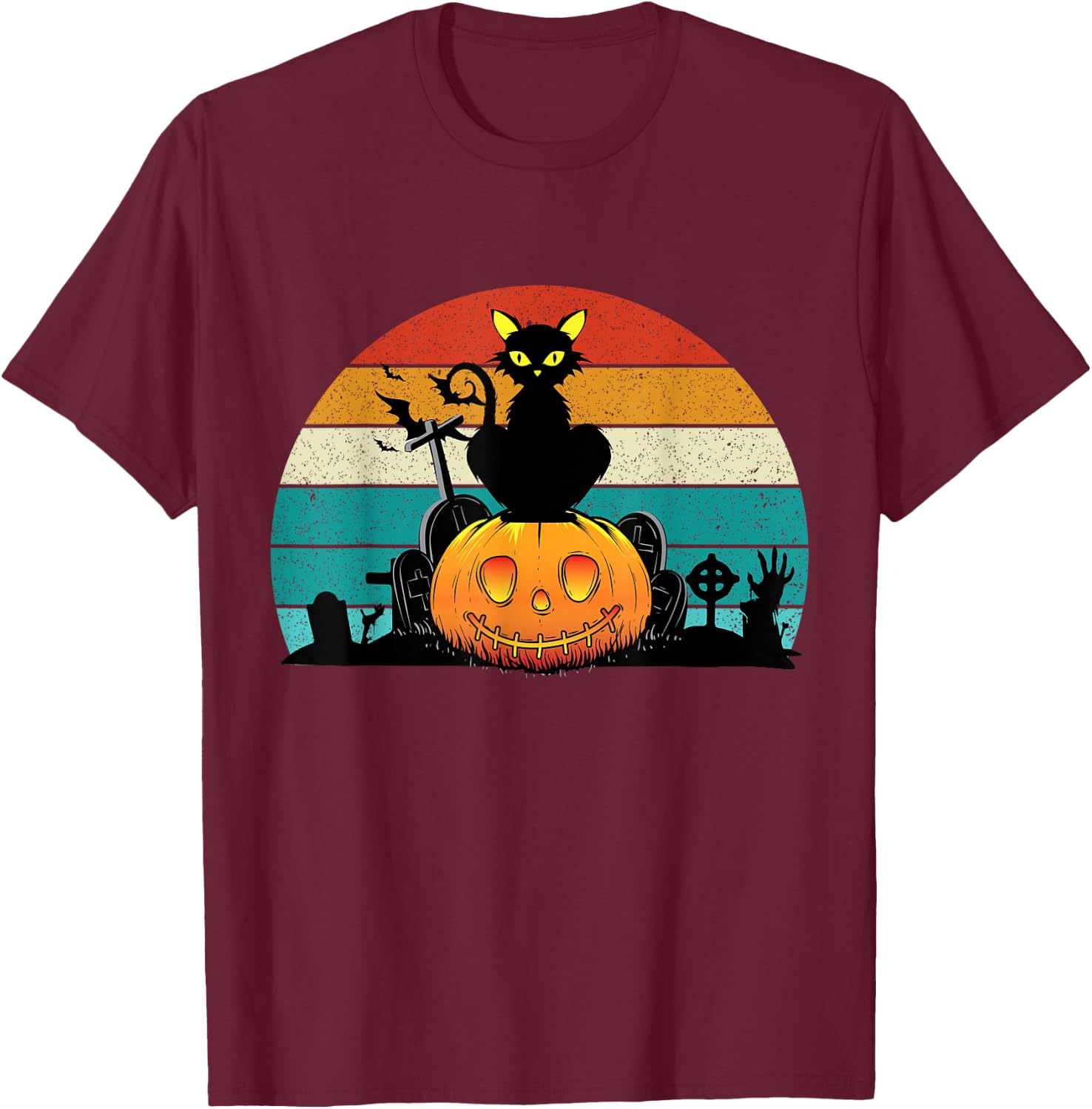 Vintage Scary Halloween Black Cat Costume Retro Moon Cat T-Shirt - T-Shirt | Maroon