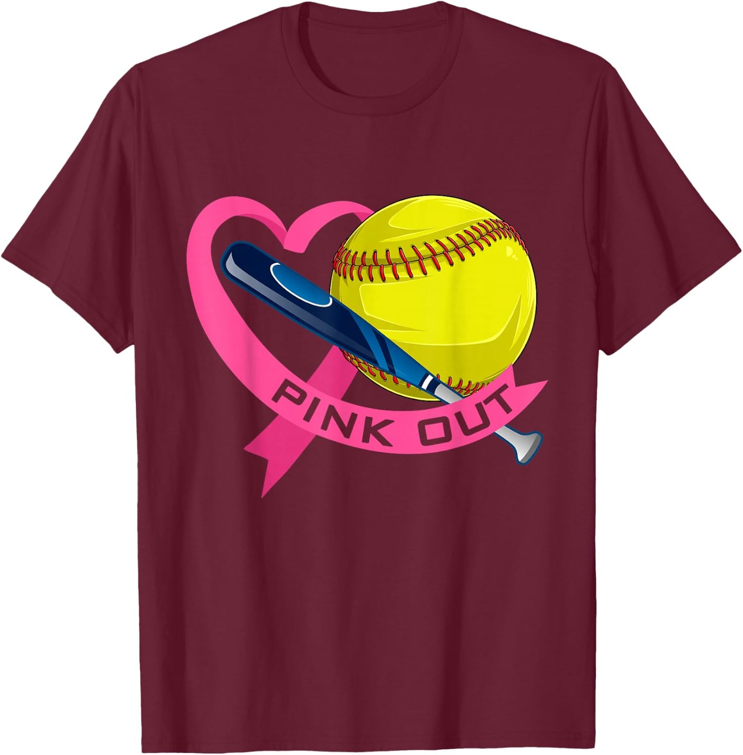 Pink Out Breast Cancer Pink Ribbon Heart With Softball Ball T-Shirt - T-Shirt | Maroon