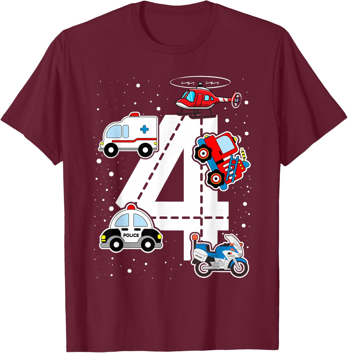 Emergency Vehicles 4th Birthday Fire Truck Police Car Boys T-Shirt - T-Shirt | Maroon