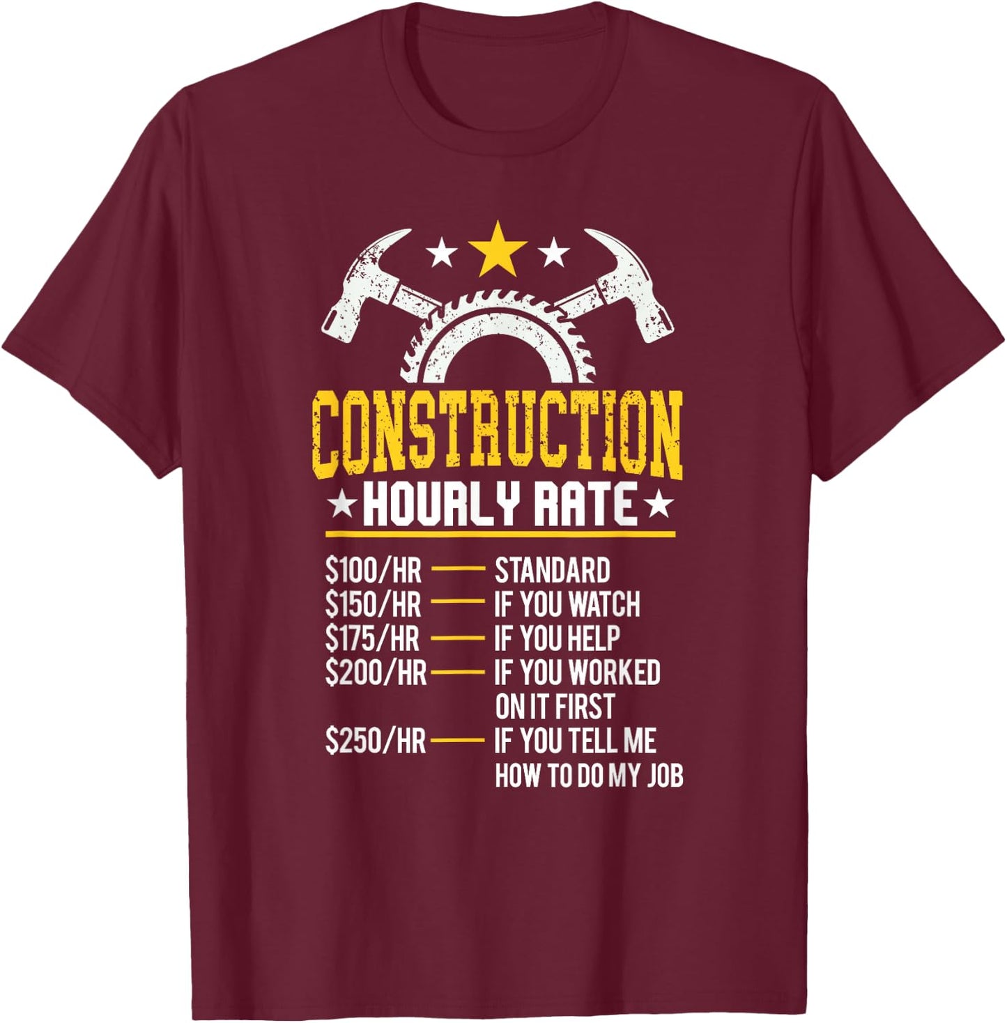 Bau Gift Co. Funny Construction Hourly Rate Contractor - Men's Black Small Classic Fit Short Sleeve T-Shirt - T-Shirt | Maroon