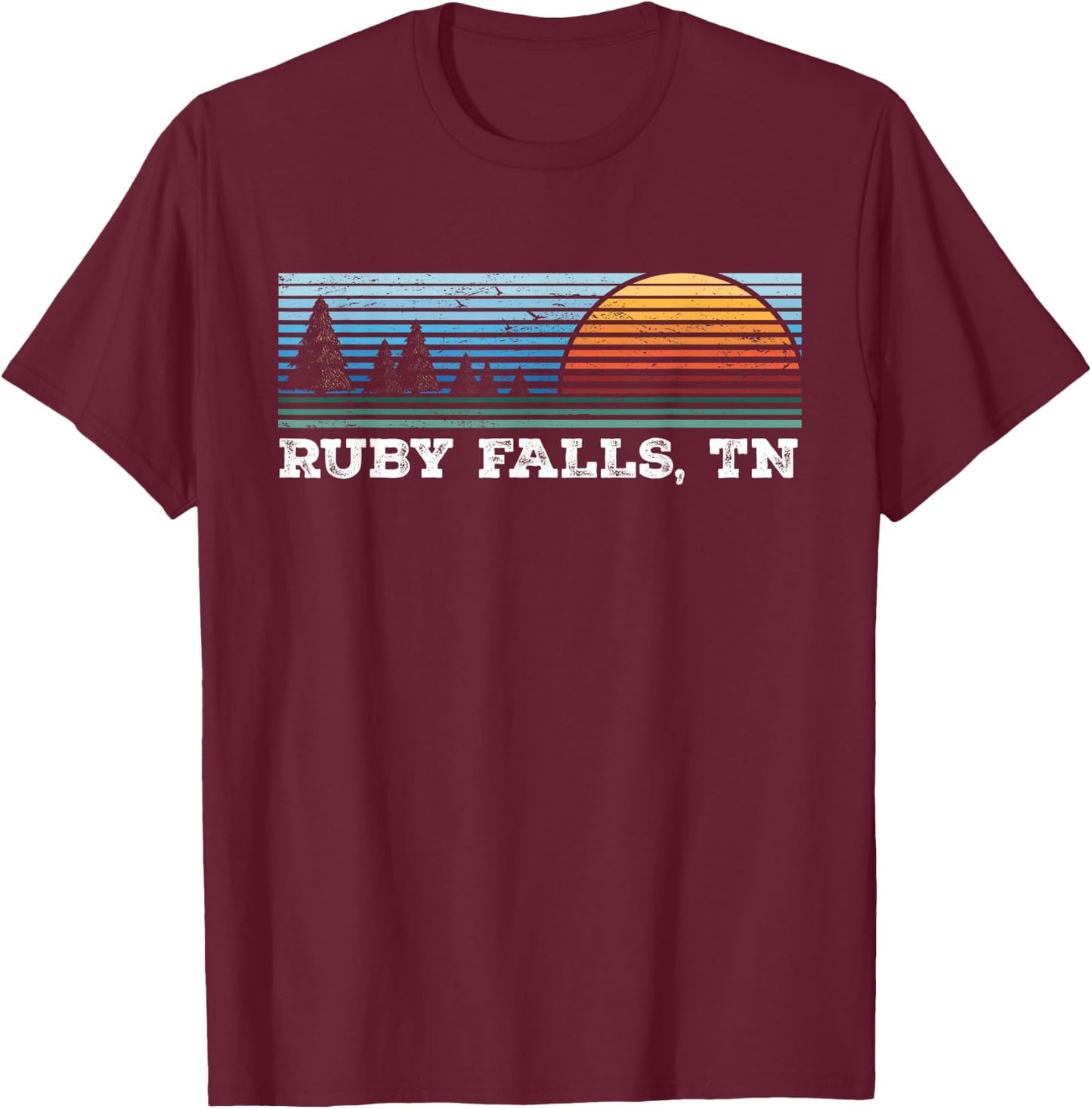 Retro Sunset Stripes Ruby Falls, Tennessee T-Shirt - T-Shirt | Maroon