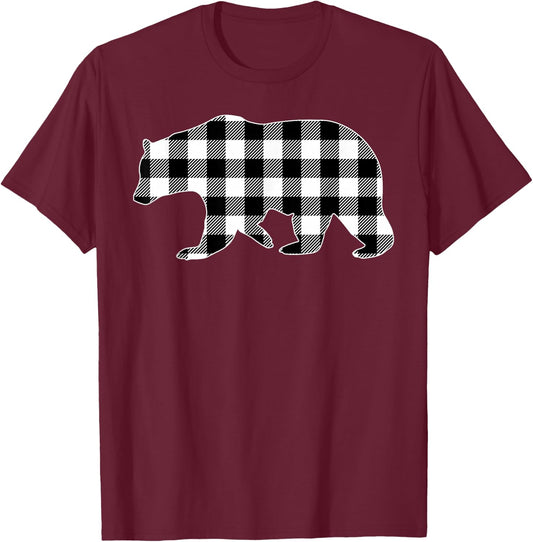 Black and White Buffalo Plaid Bear Christmas Pajama T-Shirt - T-Shirt | Maroon