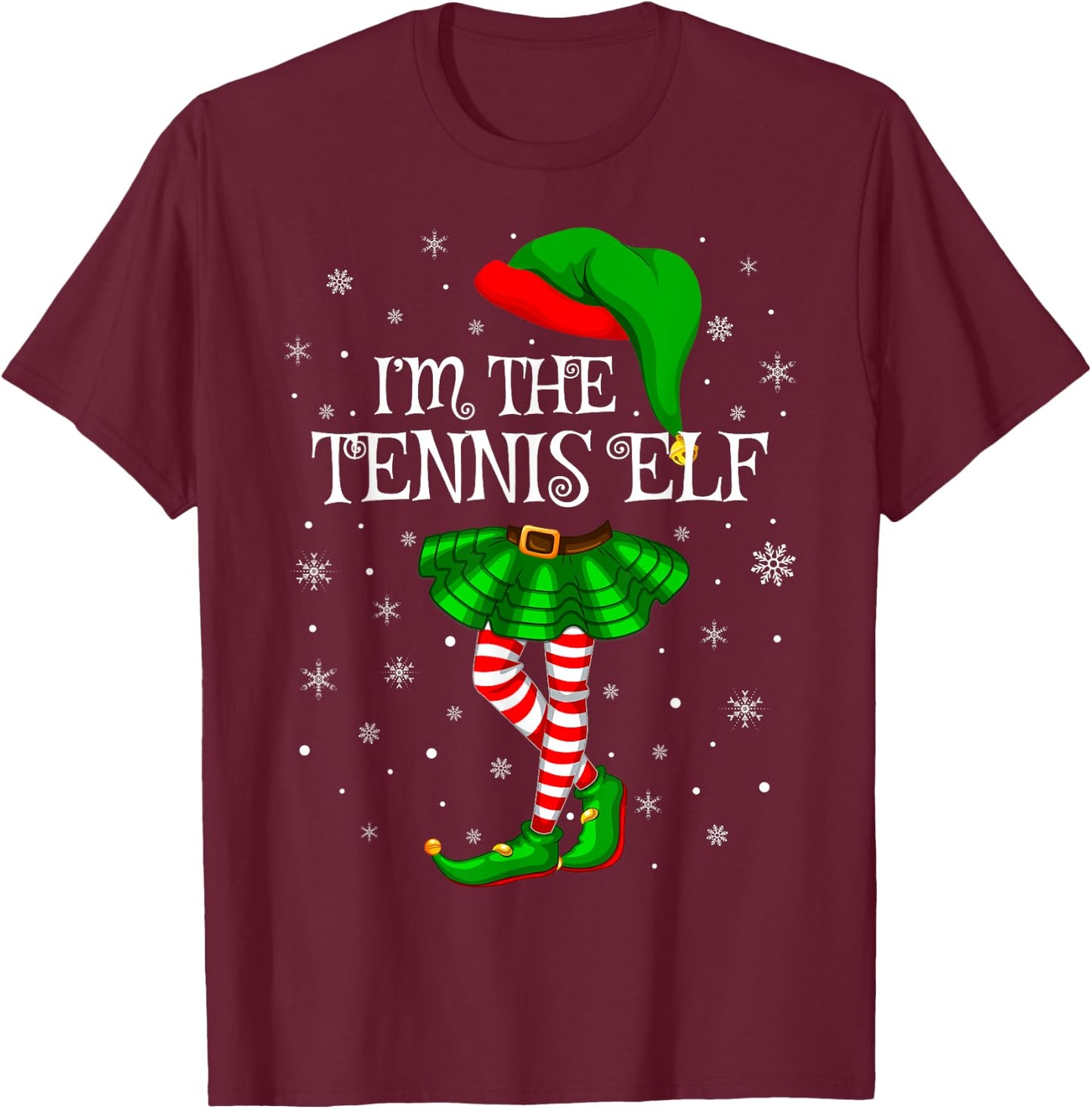 Tennis Elf Christmas Matching Family Women Girls Elf T-Shirt - T-Shirt | Maroon