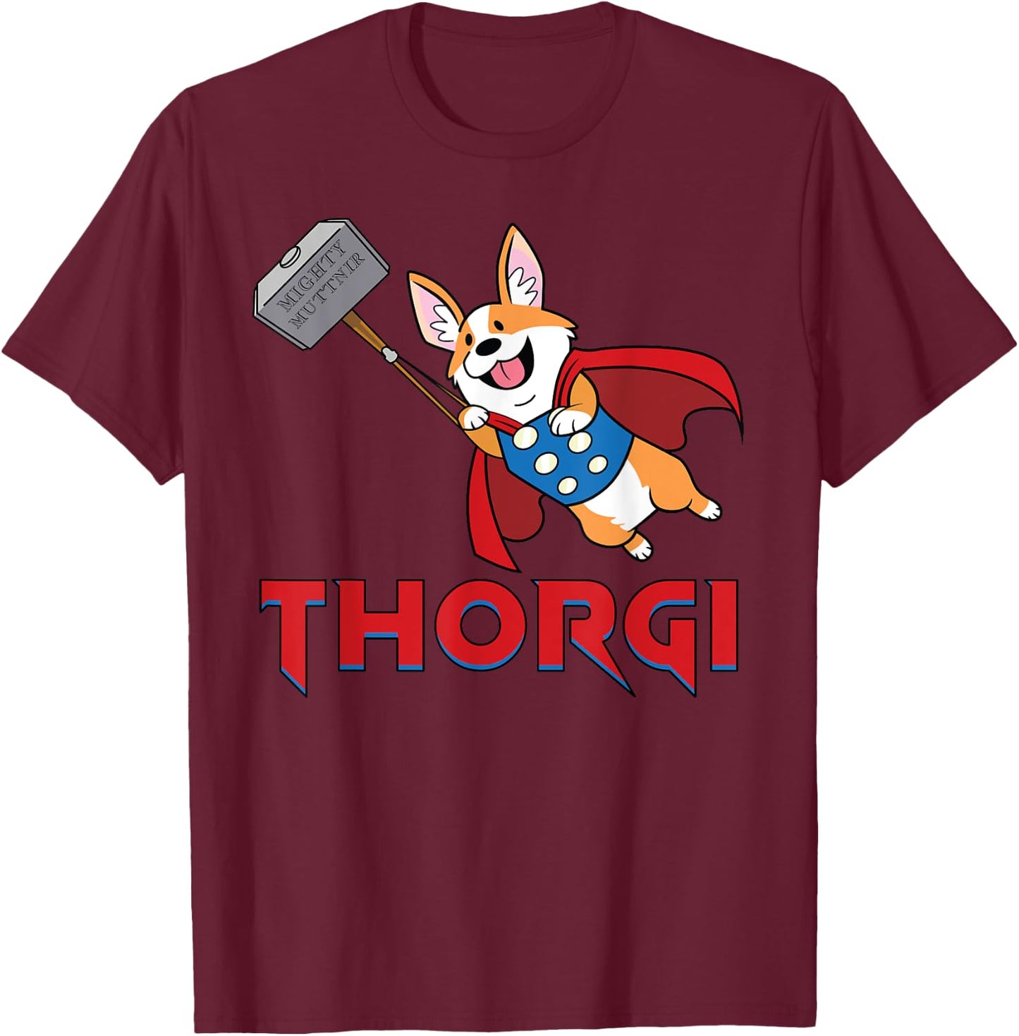 Thorgi and the Mighty Muttnir Corgi Norse God Parody T-Shirt - T-Shirt | Maroon