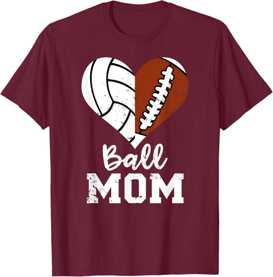 Ball Mom Heart Funny Football Volleyball Mom T-Shirt - T-Shirt | Maroon