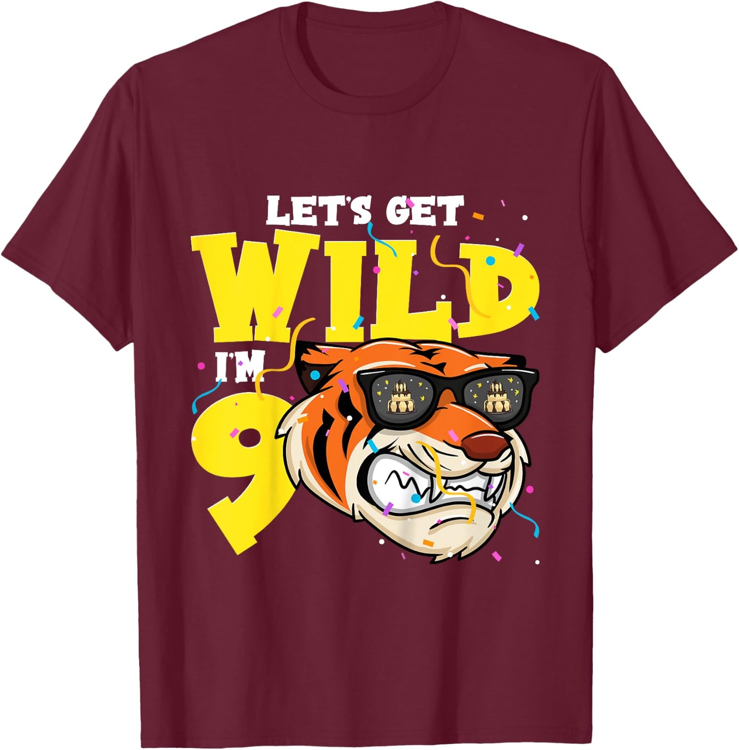 Kids 9th Birthday Tiger Lets Get Wild 9 Year Old Boy Girl T-Shirt - T-Shirt | Maroon