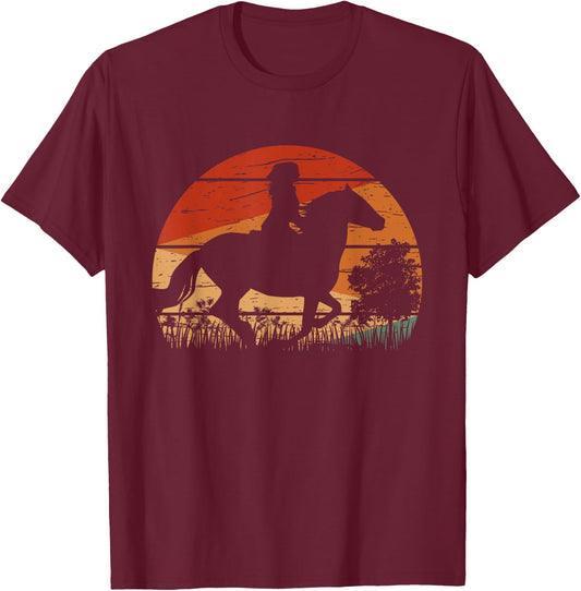 Girl Horse Riding Retro Style Vintage Cowgirl Rodeo Ranch T-Shirt - T-Shirt | Maroon