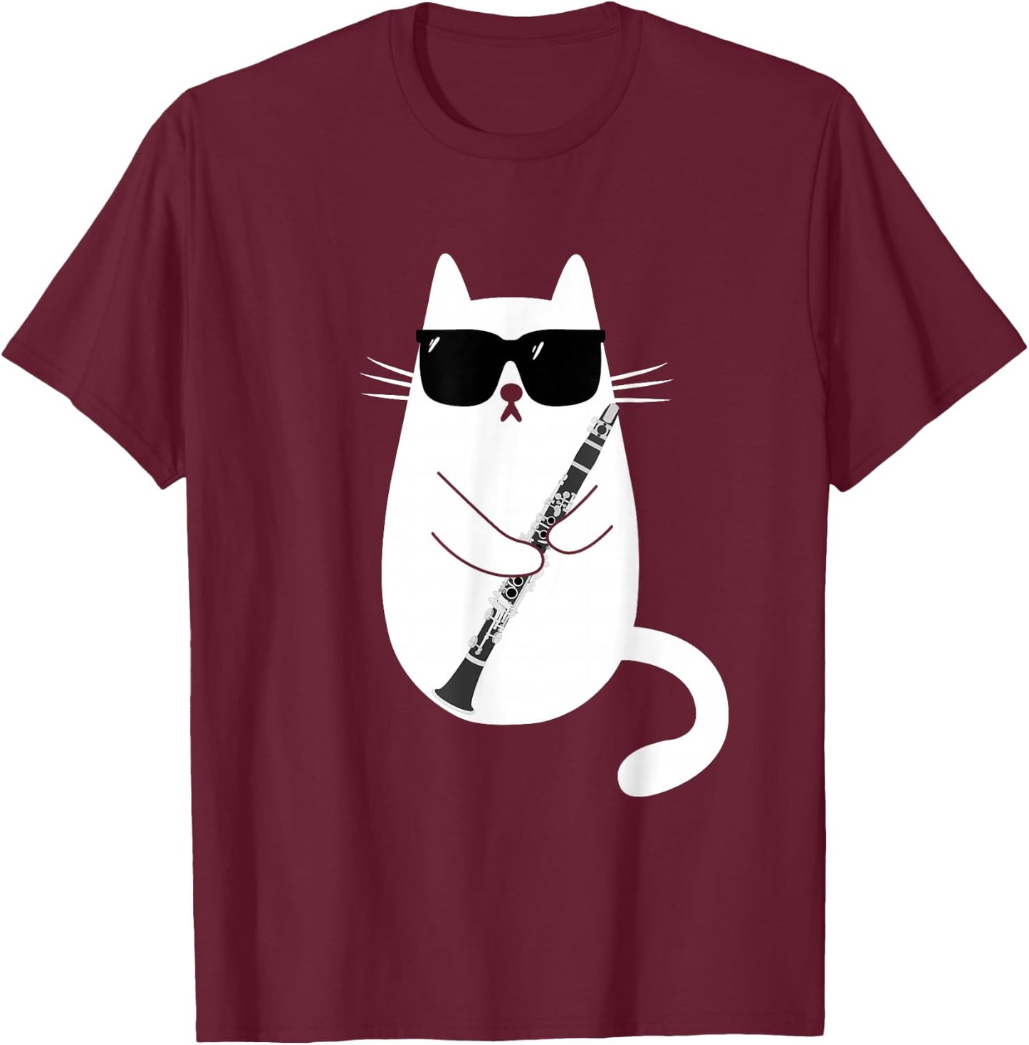 Funny Cat Wearing Sunglasses Playing Clarinet Musician T-Shirt - T-Shirt | Maroon