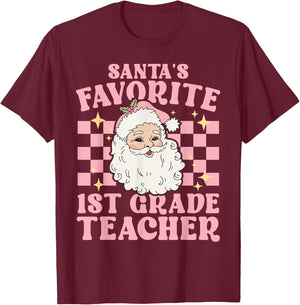 Vintage Pink Christmas Santas Favorite 1st Grade Teacher T-Shirt - T-Shirt | Maroon