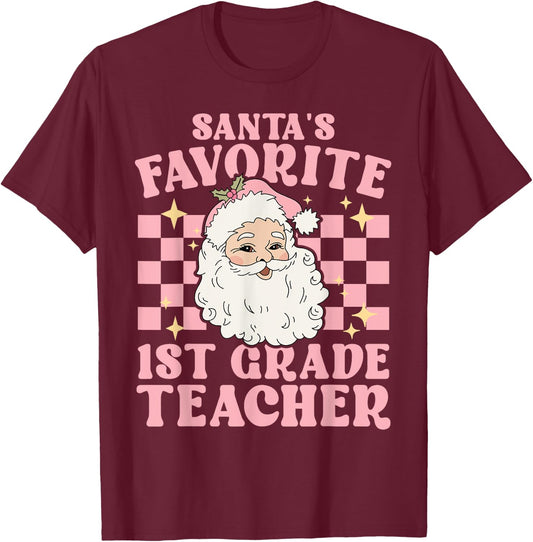 Vintage Pink Christmas Santas Favorite 1st Grade Teacher T-Shirt - T-Shirt | Maroon