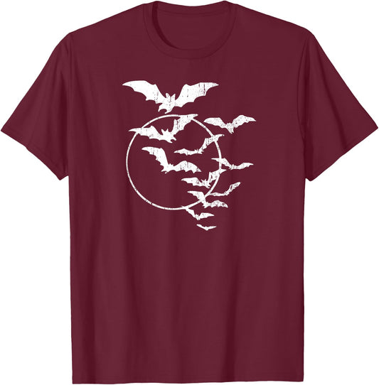Halloween Swarm of Bats Full Moon Spooky Vintage Art Graphic T-Shirt - T-Shirt | Maroon
