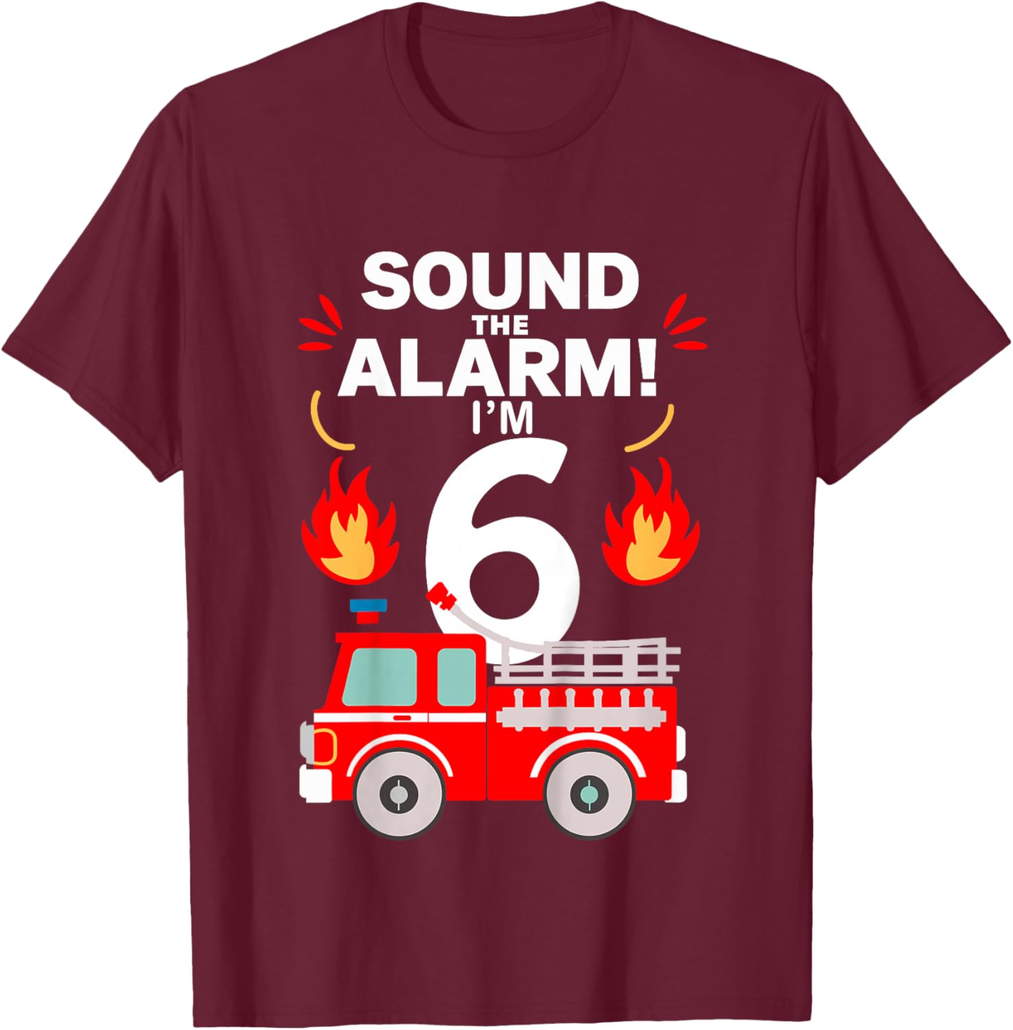 Kids 6th Birthday Fire Truck 6 Year Old Birthday Boy Firefighter T-Shirt - T-Shirt | Maroon