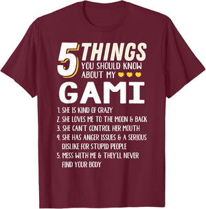 Funny 5 Things Grandma Gami Gift T-Shirt - T-Shirt | Maroon